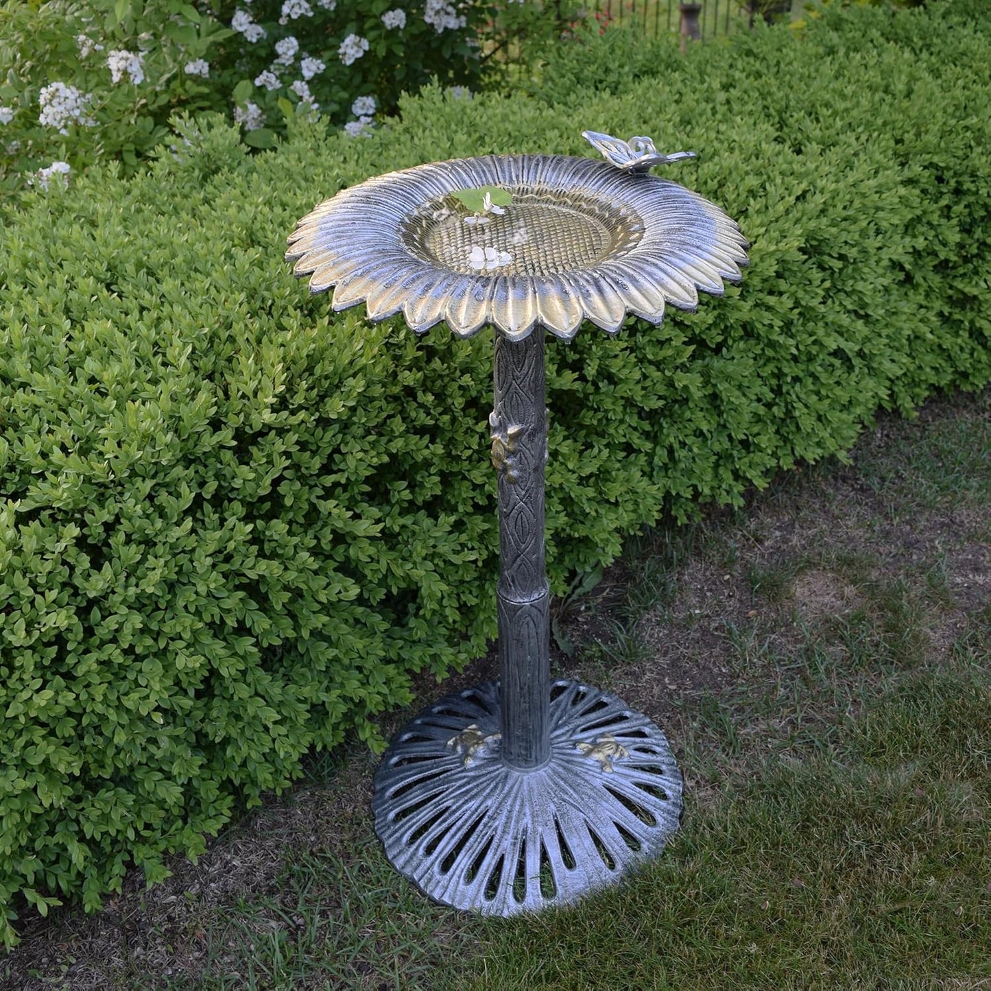 Oakland Living Sunflower Butterfly Bird Bath, Antique Pewter, Silver