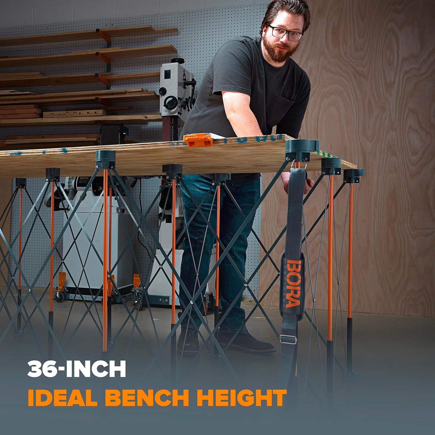 BORA Centipede CT15 36 inch Tall Portable Folding Workstand With Carry Strap, Collapsible Workbench, Construction table, Support, Sawhorse, 4Ft X 8Ft, 36 inch work height, 6000lb weight capacity