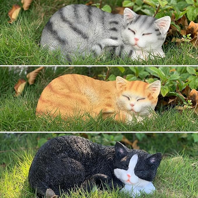 Sleeping Cat Statue Garden Decor, Outdoor Cat Sculpture & Figurine Lawn Ornament, Grey Tabby Statue for Patio, Lawn, Yard Decorative, Cute Kitten Memorial Grave Accessory