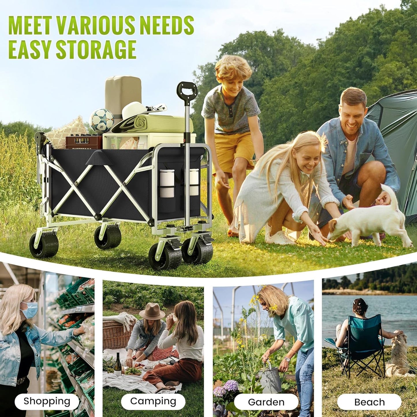 Upgraded 400L Large Capacity Folding Double Decker Wagon with Brakes（Black,54" Extra Long Extender Wagon Cart,660lbs Heavy Duty Collapsible Cart,All-Terrain Big Wheels for Camping,Shopping,Sport