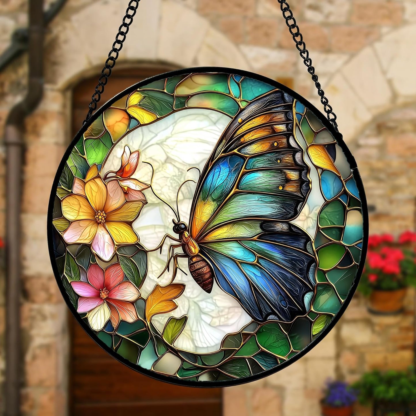 Stained Glass Window Hanging, Butterfly Flower Sun Catchers Diamond Glass Panel Hangings Insect Suncatcher Decor for Birthday for Women, Men, Wife, Aunt, and Mom 9.8 in