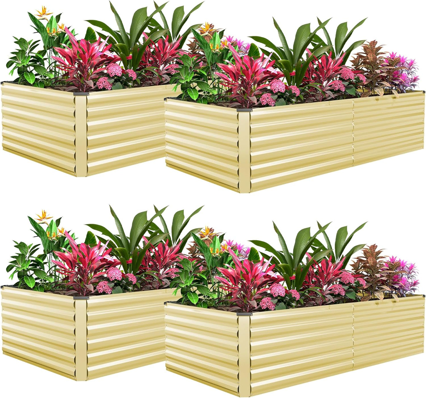 FOOWIN 4pcs 8x4x2ft Galvanized Raised Garden Bed, Planter Raised Garden Boxes Outdoor, Large Metal Raised Beds for Gardening, Garden Bed for Vegetables, Flowers, Herb,478 Gallon Capacity, Cream Yellow