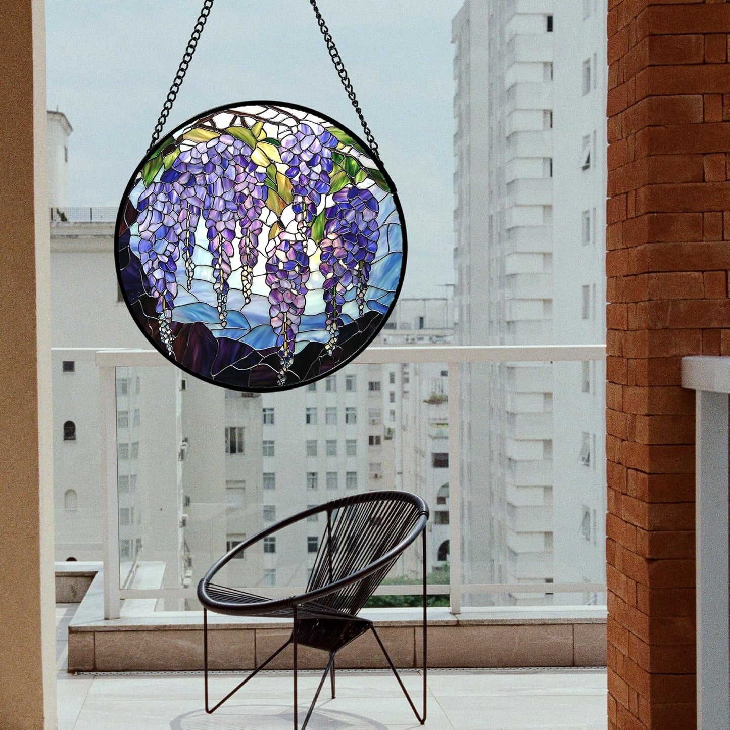 Stained Glass Window Hanging, Purple Wisteria Flowers Suncatcher for Doors Window Home Plant Sun Catchers Decoration Mother's Day Birthday Gifts for Women, Men, and Mom 9.8x9.8 in