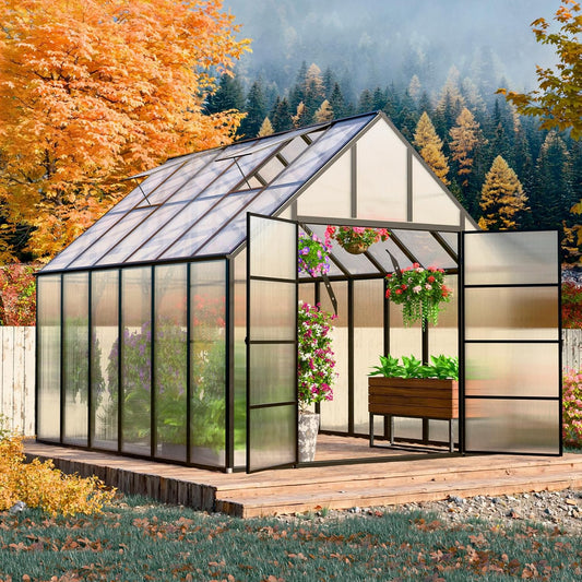 JULY'S SONG 10x12 FT Greenhouse for Outdoor, Large Easy Assembly Heavy Duty Polycarbonate Panels Aluminum Frame Walk-in Green House with 2 Windows Wider Door for Garden Plants Outside