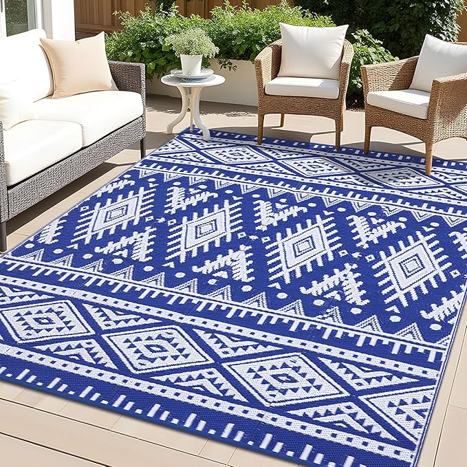OLANLY Outdoor Rug Waterproof 6x9 ft, Reversible Outdoor Plastic Straw Rug, Boho Patio Rug, Indoor Outdoor Carpet, RV Mat Outside for Patio, Camp, Picnic, Balcony, Deck, Backyard, Blue & White