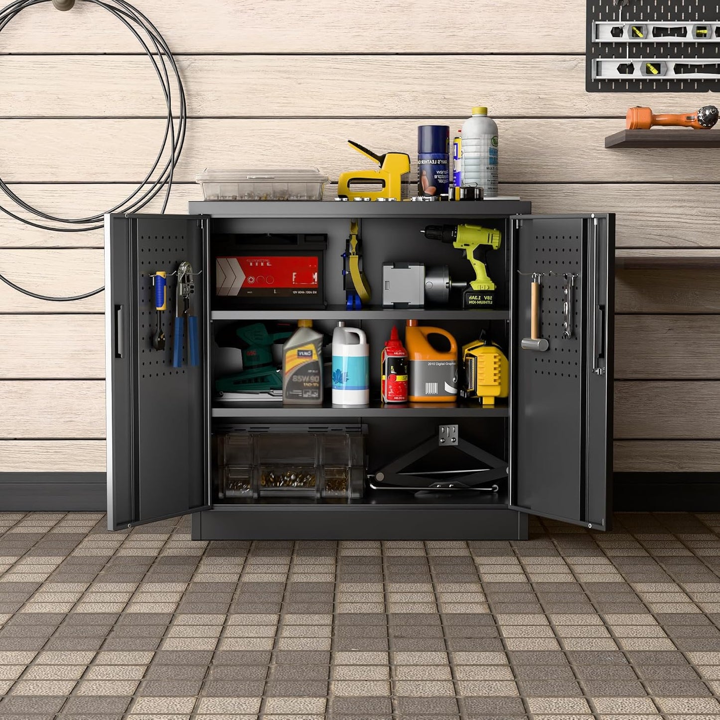 Metal Storage Cabinet, Garage Storage Cabinet with 2 Lockable Doors and 2 Adjustable Shelves, Steel File Cabinets with Lock and Pegboard for Home, School, Office, Garage, Black