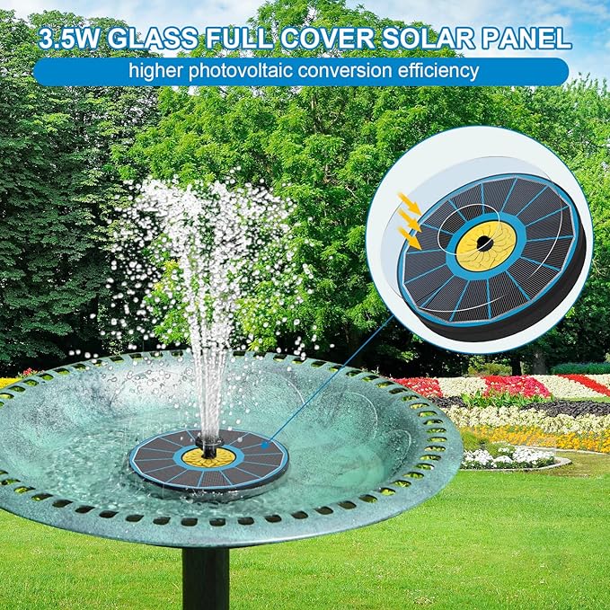 Solar Fountain for Bird Bath, 3.5W Upgraded Solar Bird Bath Fountain with 4 Fixed Pipes 7 Nozzles No Battery, Solar Fountain Pump for Bird Bath Small Ponds Pool Outdoor(Blue)