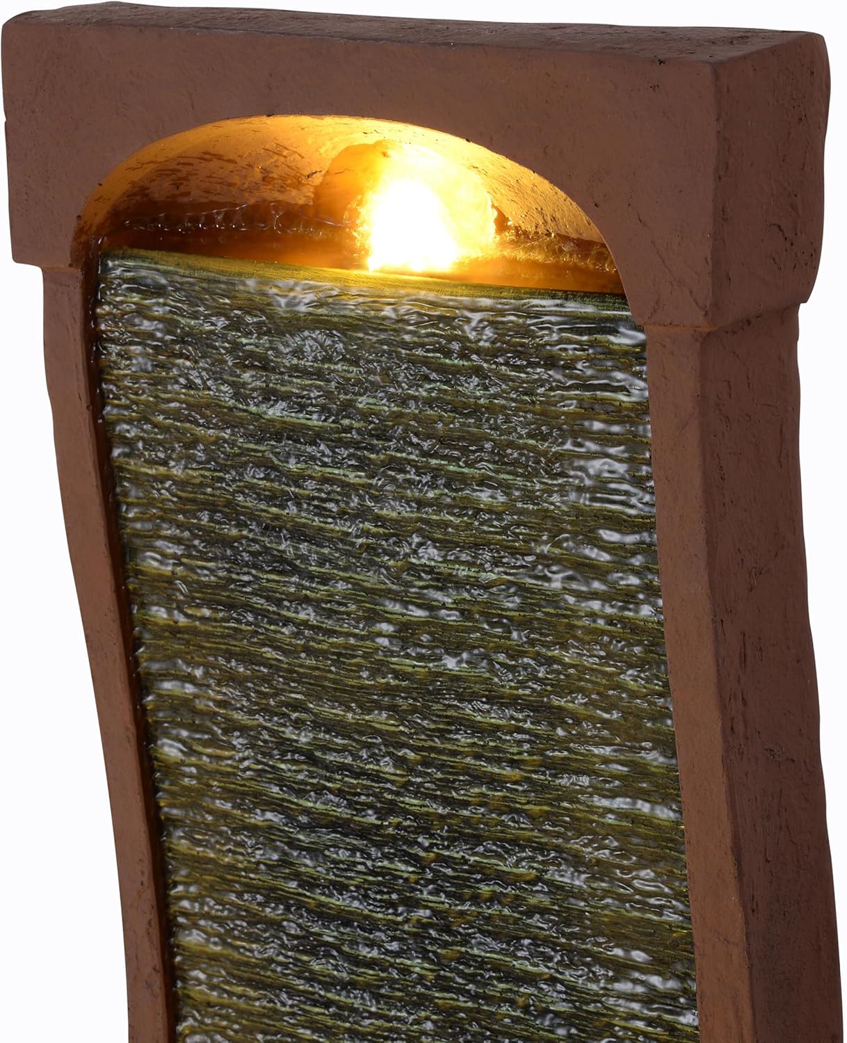 Teamson Home 38.5" Indoor/Outdoor Modern Curved Faux Slate Waterfall Fountain with LED Lights, Red Rock