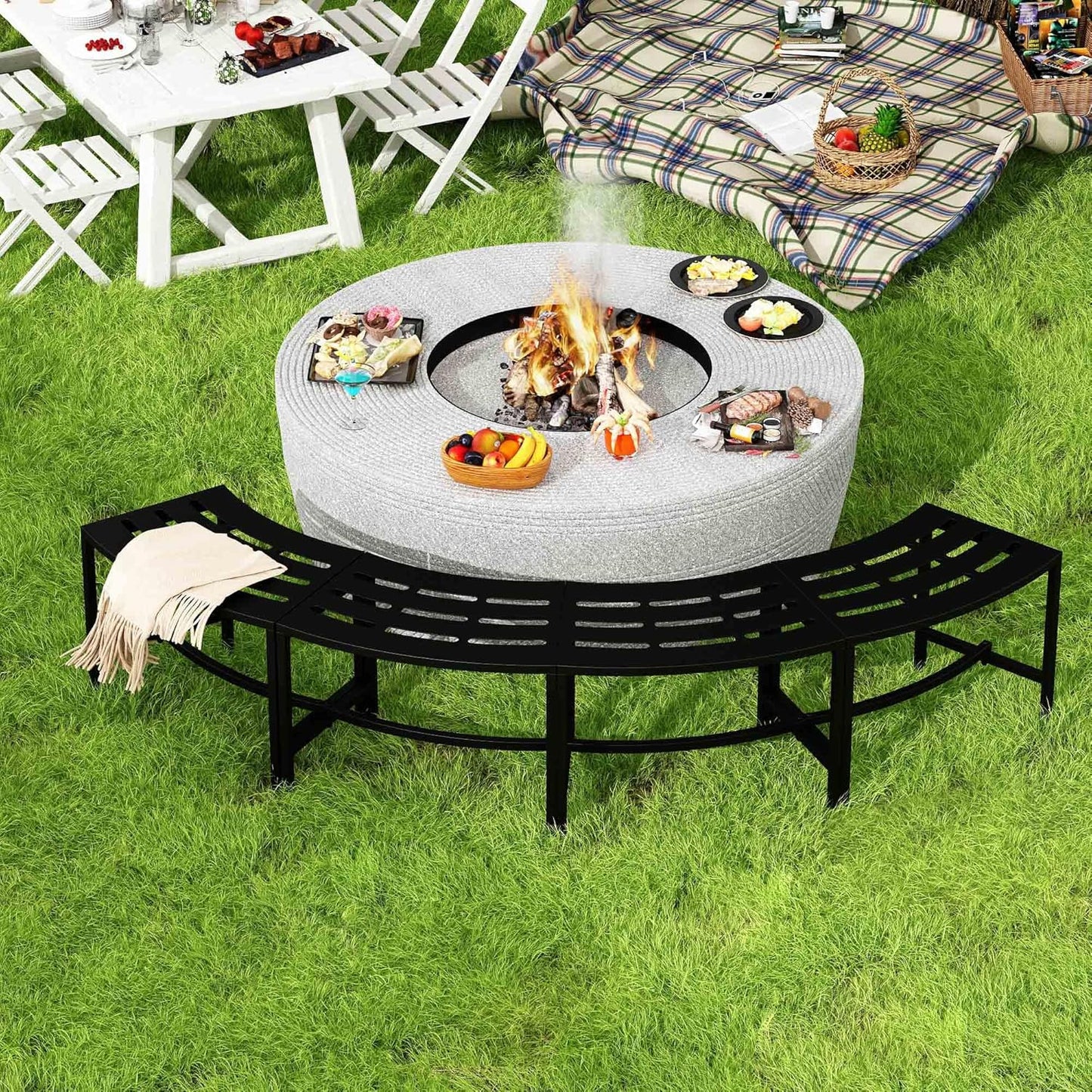 Metal Curved Fire Pit Bench Set of 4, Outdoor Fire Pit Seating, Steel Backless Outside Bench for Garden, Patio, Porch, Backyard, Plant Stand, Heavy Duty Plant Holder, Style 2, Black