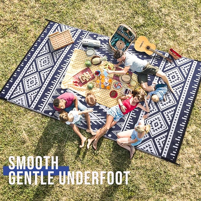 OLANLY Outdoor Rug Waterproof 10x14 ft, Reversible Outdoor Plastic Straw Rug, Boho Patio Rug, Indoor Outdoor Carpet, RV Mat Outside for Patio, Camp, Picnic, Balcony, Deck, Backyard, Navy & White