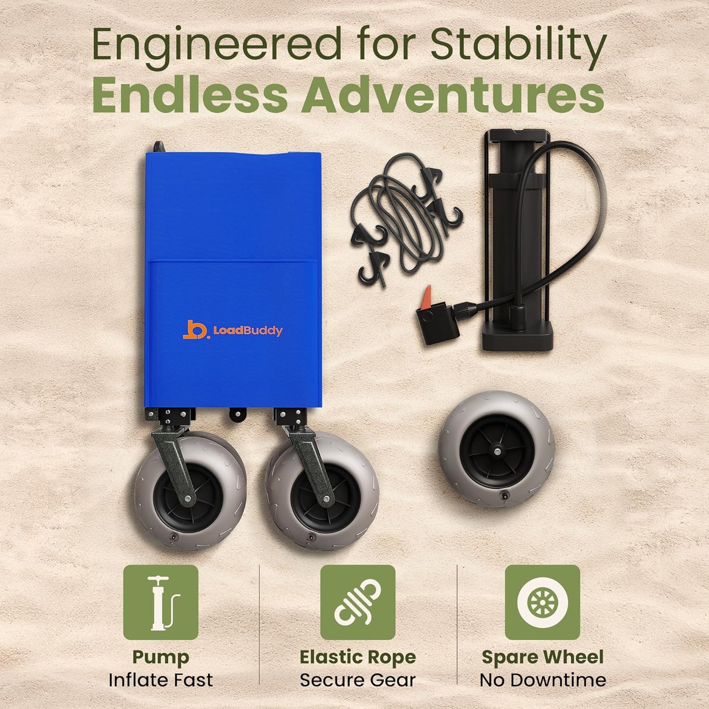 Beach Wagon with 9" Balloon Wheels & Fishing Rod Holders – Foldable Cart for Sand with Inflatable Tires, Bonus Pump & Spare – Heavy Duty Utility Wagon - Blue/Blue