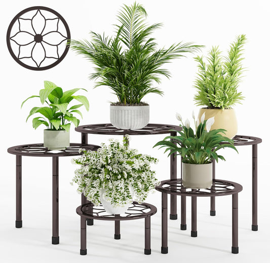 Metal Plant Stand Indoor Outdoor,Indoor Plant Stands for Patio Rust Proof,Heavy Duty Flower Pot Stands for Multiple Plant,Brown Potted Plant Holder for Garden Home (5 Pack Brown)