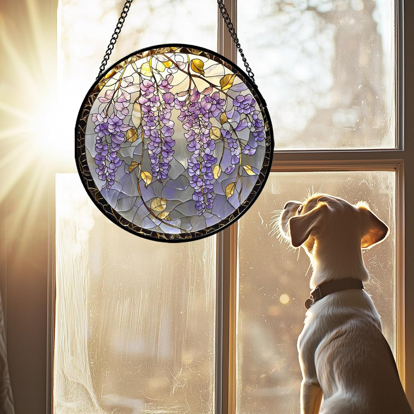 Stained Glass Window Hanging - Wisteria Flower Golden Leaves Sun Catcher for Door Home Decor Plant Suncatcher Christmas Mother's Day Birthday Gifts for Women Men Lovers Mom Nana 15 in