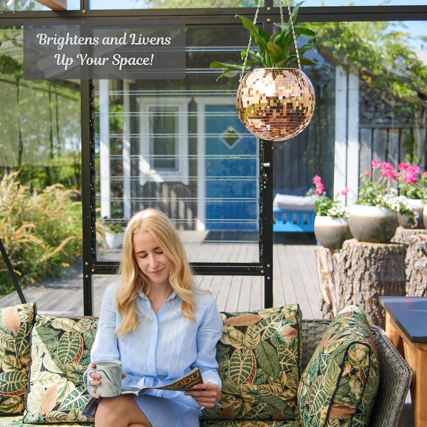 SCANDINORDICA Disco Ball Planter – Value Package: Mirror Disco Planter with Chain, Macrame Hanger and Acrylic Stand for Desk, Self Watering Insert, Plant Lover Gifts | 10 inch Rose Gold