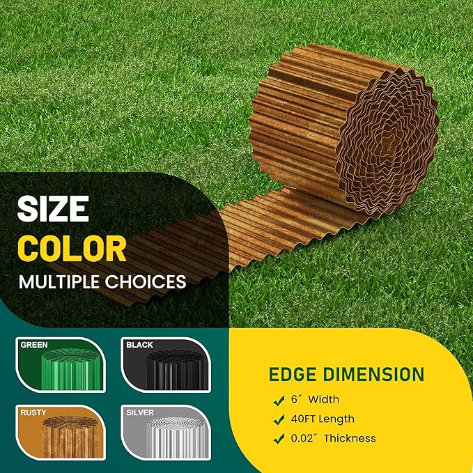 Corrugated Metal Garden Edging, 6"×40Ft Durable Landscape Border for Garden, Lawn, Flower Beds and Paver Edging (Rusty)