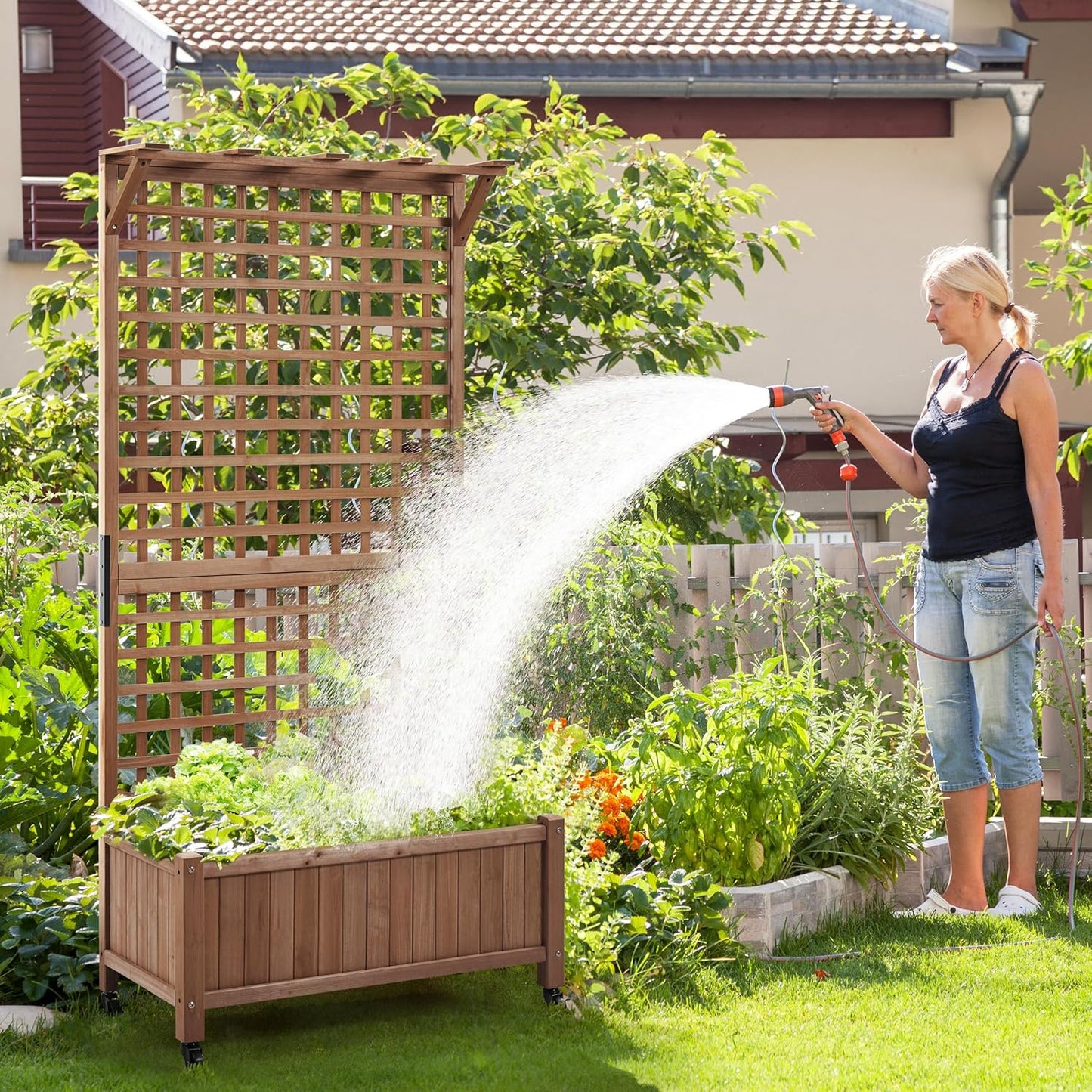 Yaheetech 72" H Garden Planter with Trellis for Vine Climbing Horticultural Plants, Outdoor Raised Box with Drainage Holes, Raised Garden Bed for Flowers, Dark Brown, 2pcs