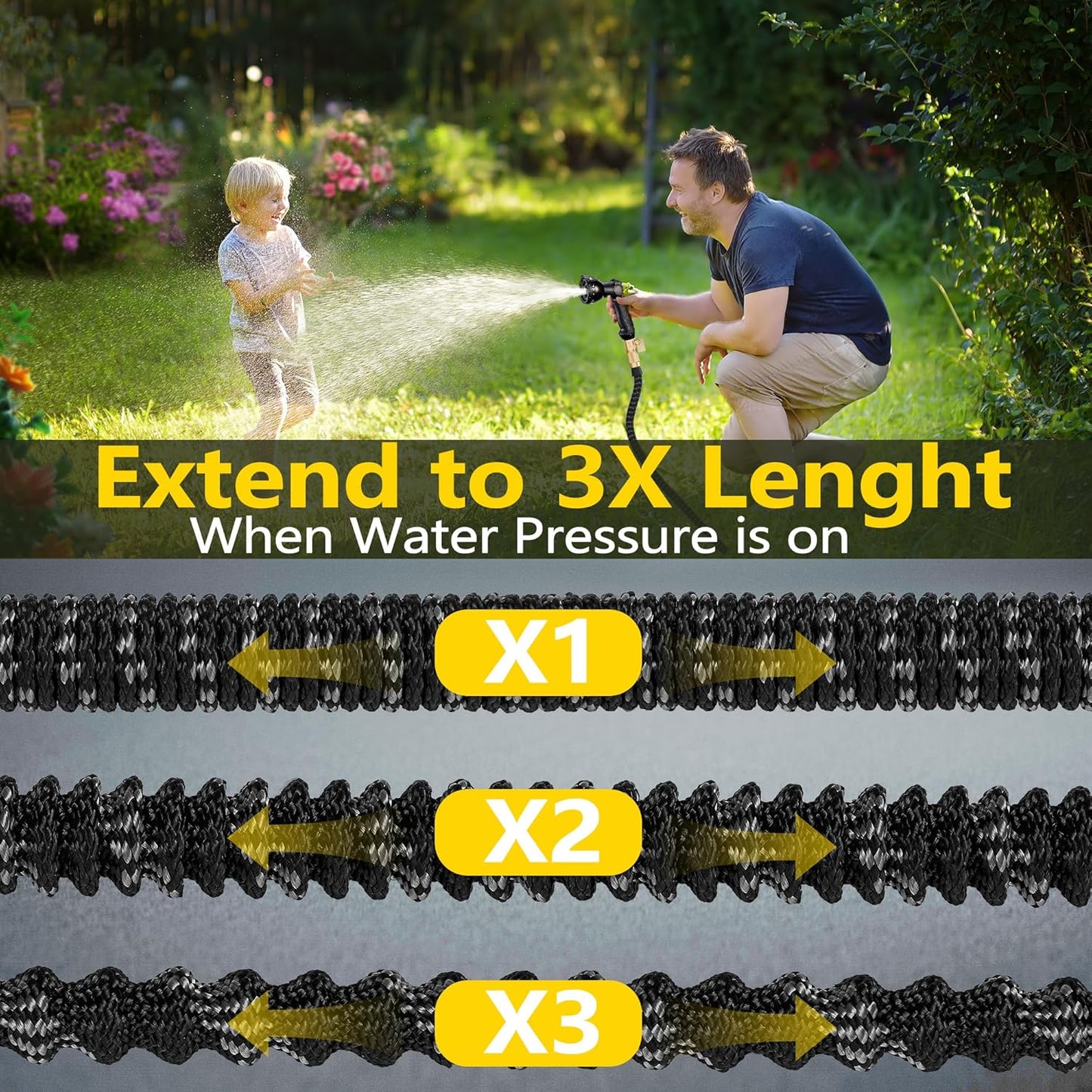 50 FT Garden Hose Expandable Hose-2025 Upgraded Flexible Water Hose, Car Wash Hose with Extra-Strong Brass Connectors,Superior Strength-4-Layers Latex - Kink-less Lightweight Expanding Hose