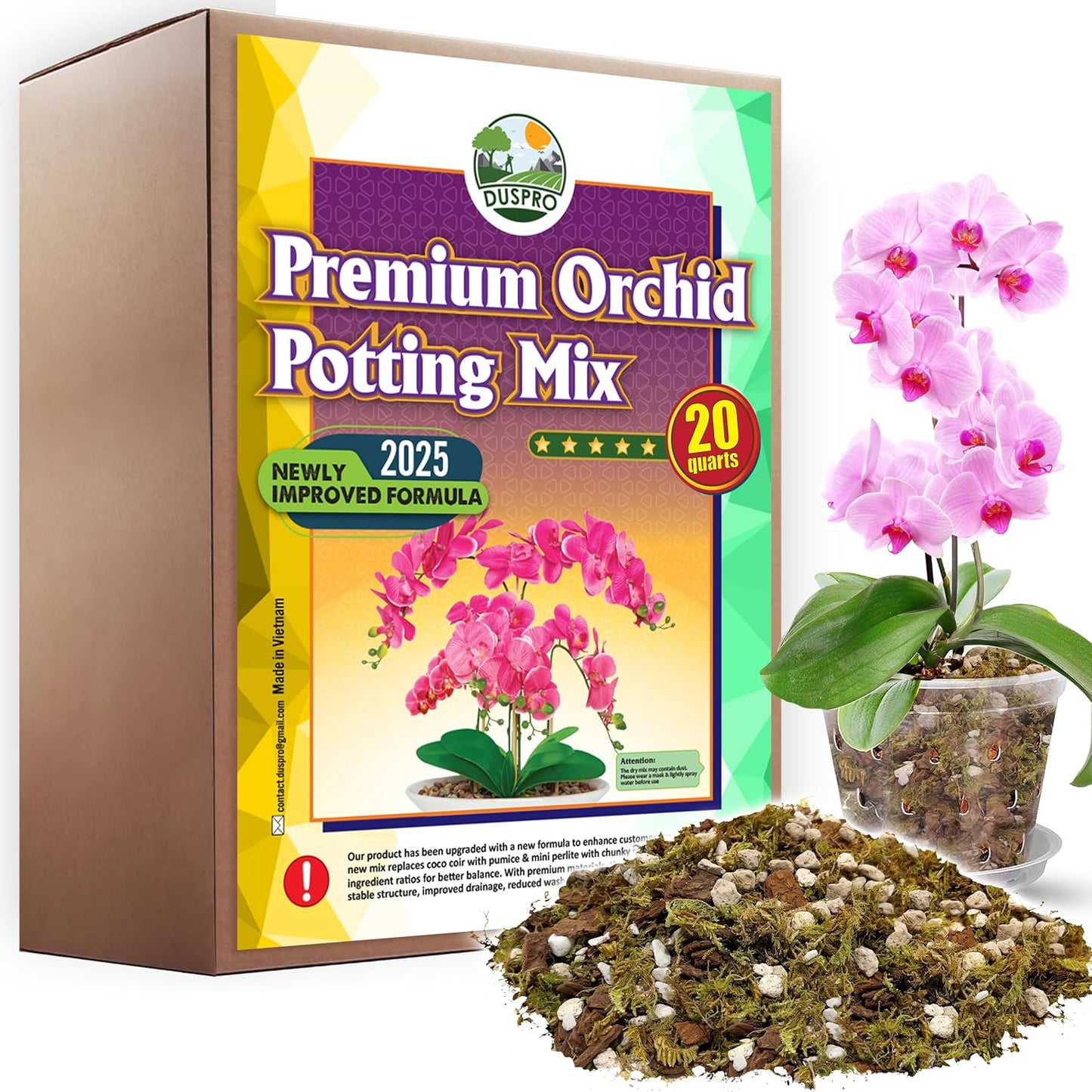 [Upgraded] DUSPRO Orchid Potting Mix for Repotting with Forest Moss, Pine Bark, Perlite & Pumice, Orchid Bark Potting Mix, Orchid Repotting Soil, Drainage Indoor Potting, Orchid Pot Not Included, 20QT