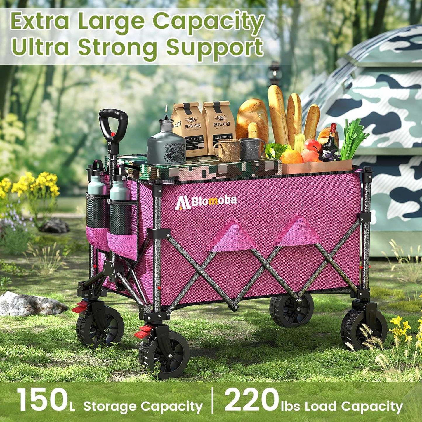 Collapsible Wagon Cart, 150L Heavy Duty Foldable Beach Wagon with Wider Wheels & Auto-Rebound Handle, Utility Grocery Shopping Cart for Garden, Shopping, Camping, Sports, Pink