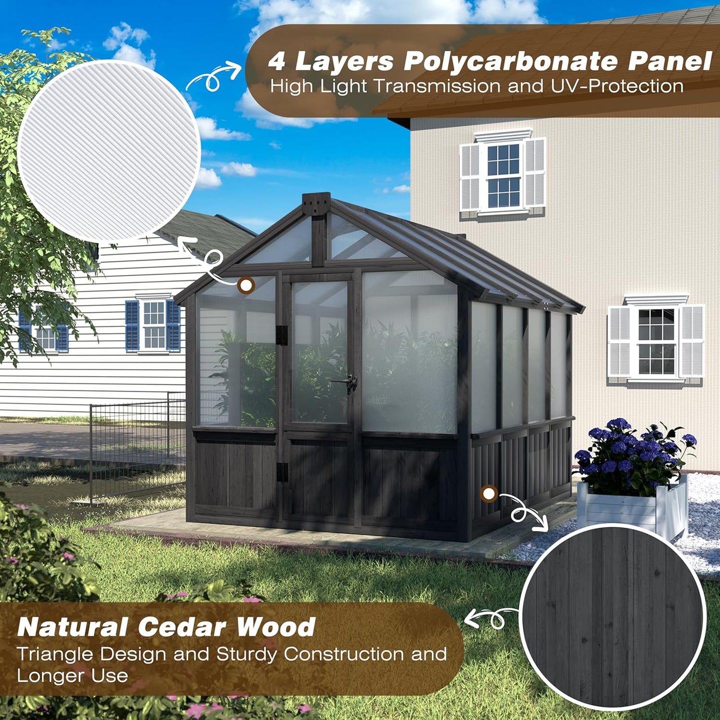 6x8 FT Greenhouse Kit for Outdoor, Thickened Polycarbonate Panel Wooden Walk-in Green House with Lockable Door and Adjustable Roof Vent, Backyard Garden, Black