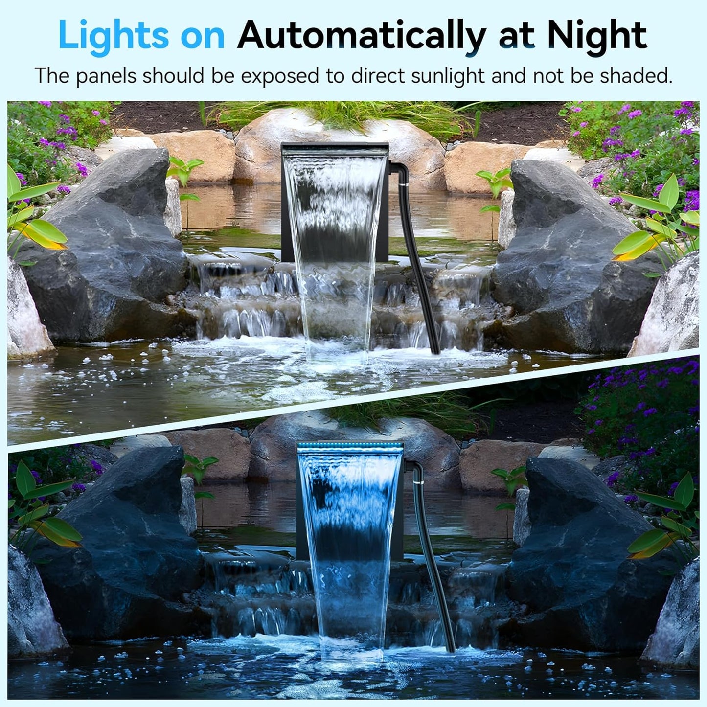 POPOSOAP Pond Waterfall Spillway Kit with LED Lights, 13.4" H x 12" W Stainless Steel Spillway with 660GPH Pond Pump, Filtration, 10FT Corrugated Tubing Waterfall for Water Garden, Backyard, Pool
