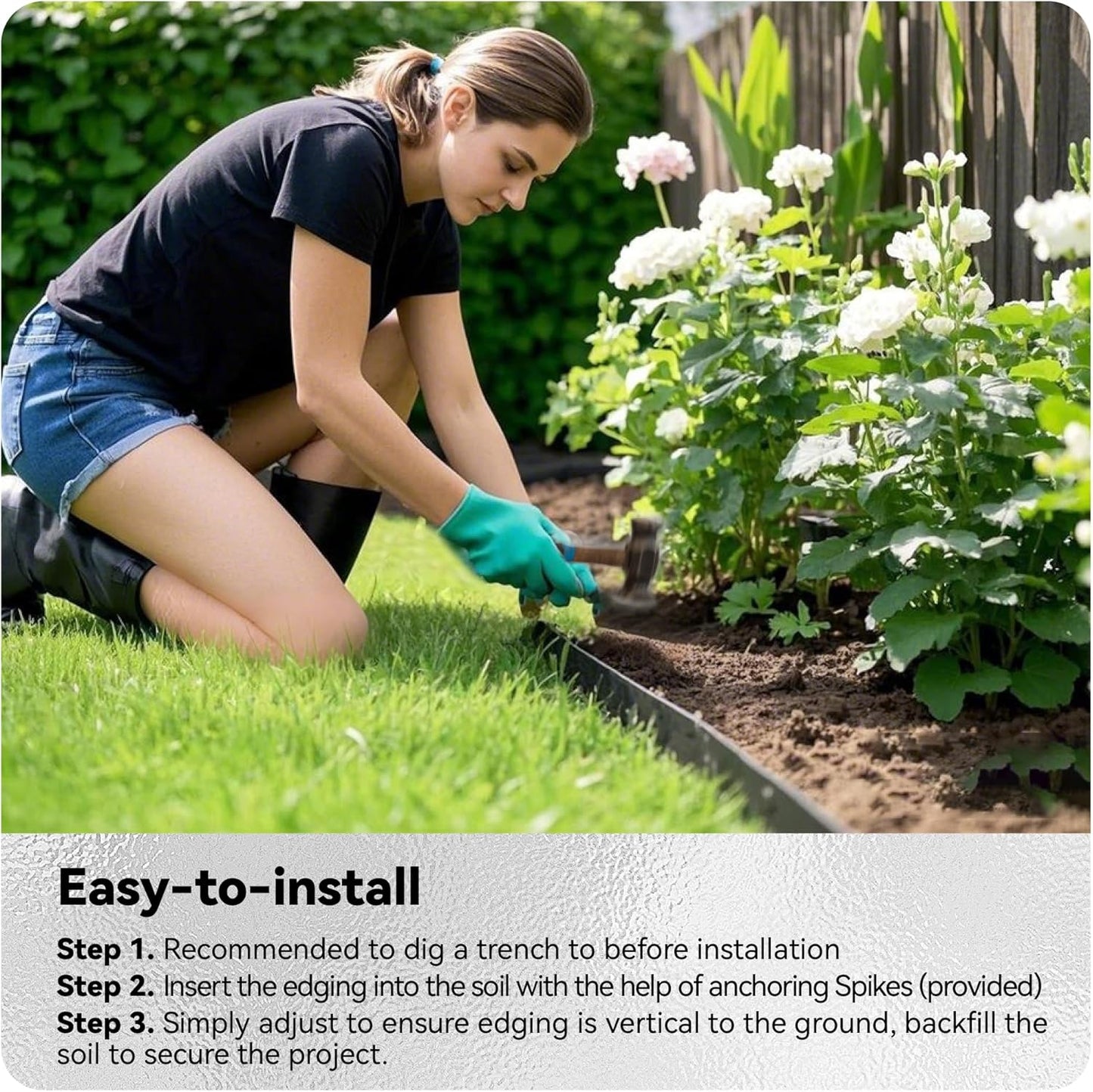 Worth Galvanized Steel Landscape Edging 8" x25' Metal Garden Edging Roll Flexible Bender Border with 8Pcs Stakes for Lawn, Flower Bed Edges, Black