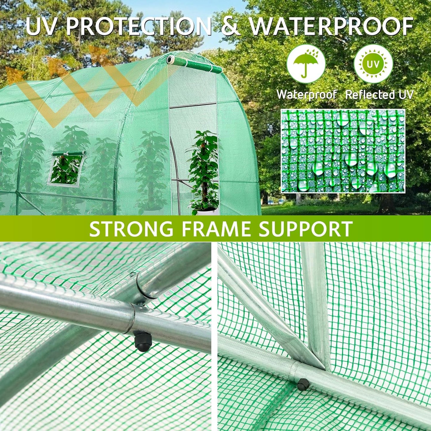 VIVOSUN 20x10x7 Ft. Large Walk in Greenhouse, Greenhouse Tunnel, Garden Plant Hot House with Green PE Cover, Roll-up Zipper Door and Window for Outdoor