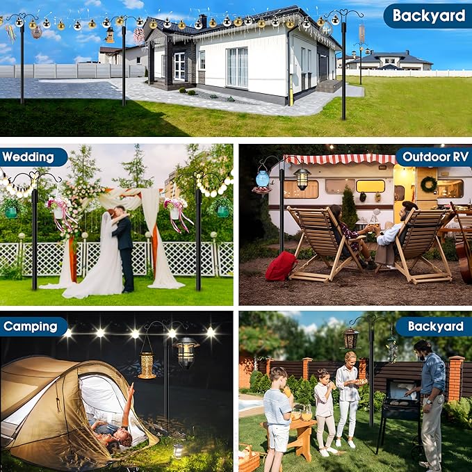 Ottsuls Bird Feeder Pole, 2 Pack 108 INCH Double Shepherds Hooks for Outdoor, with 5 Base Prongs Heavy Duty Tall Garden Planter Hooks for Hanging Flower Basket, Lantern, Hummingbird Feeder