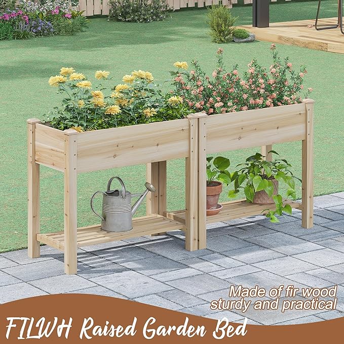 FILWH Raised Garden Bed with Legs Elevated Wooden Planter Box Stand Large Planter Stand Box for Fruits Vegetables Flowers with Divider with Bag - 34x18x30.5IN