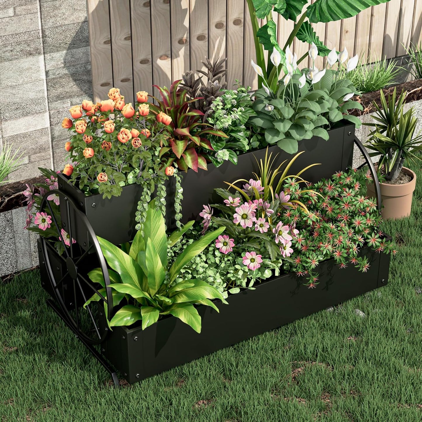 Metal Wagon Planter Box, 3-Tier Garden Planter with Wagon Wheels, Decorative Outdoor Planters for Flowers Herbs Vegetables, Flower Cart Small Raised Garden Bed for Patio, Balcony (Black)