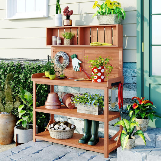 65" Wooden Potting Bench with 4 Shelves & Side Hook - Farmhouse Style Outdoor Garden Workstation (Natural + Solid Wood + Timber)