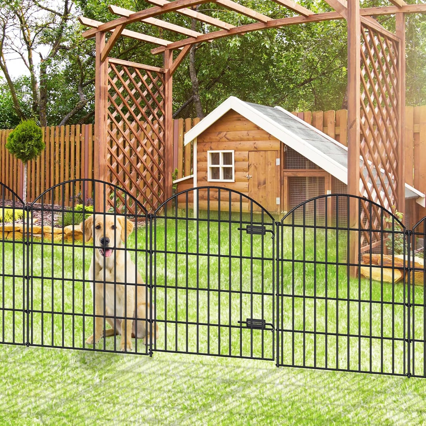 Metal Garden Fence with Gate 36in (H) x 23.3ft (L), 1 Gate+ 9 Panels Dog Fence Border Fence Animal Barrier, No Dig Garden Fencing for Yard Flower Bed Lawn Patio Outdoor, ECG3610, Black