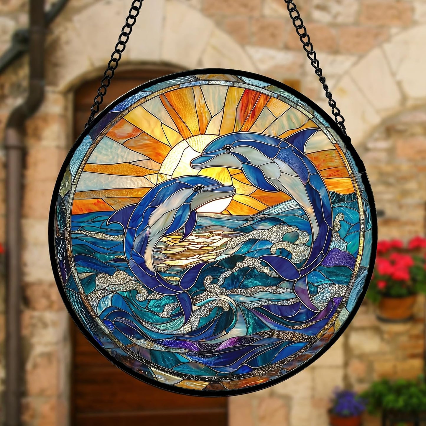 Stained Glass Window Hanging, Blue Dolphin Sun Catchers Colorful Glass Panel Sunrise Sea View Suncatcher Decor for Birthday for Women, Men, Wife, Aunt, and Mom 9.8 in