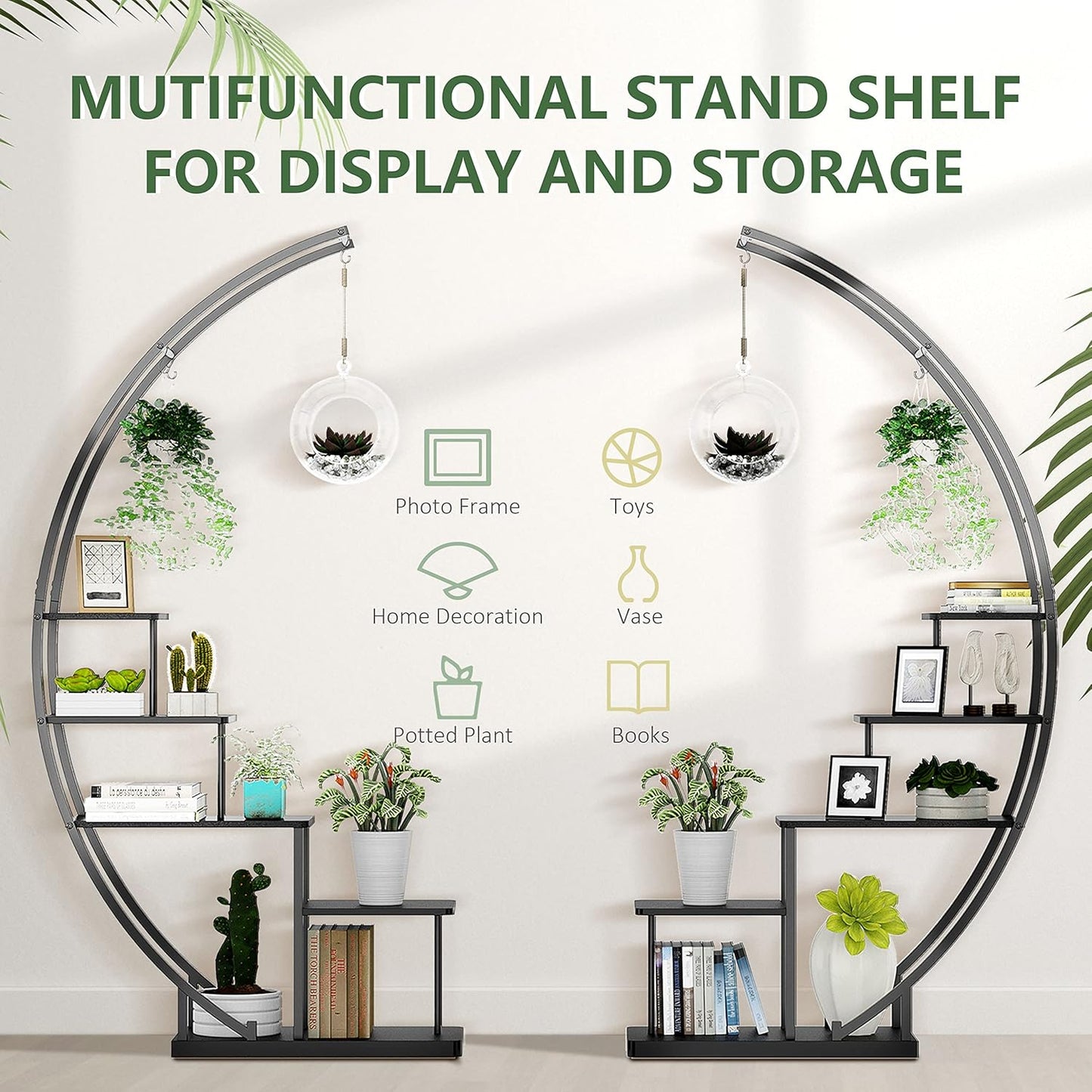 5 Tier Metal Plant Stand Indoor, 67.25“ Tall Half Moon Shape Multiple Stand Holder Shelf Planter Display, Hanging Shelf Flower Stand Ladder for Patio Garden Living Room, Black Set of 2