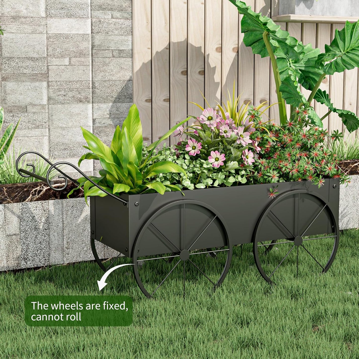 Small Raised Garden Bed Outdoor with Wagon Wheels, Metal Wagon Planter Box, Decorative Garden Planter for Flowers Herbs Vegetables, Flower Cart for Patio, Balcony (Black)