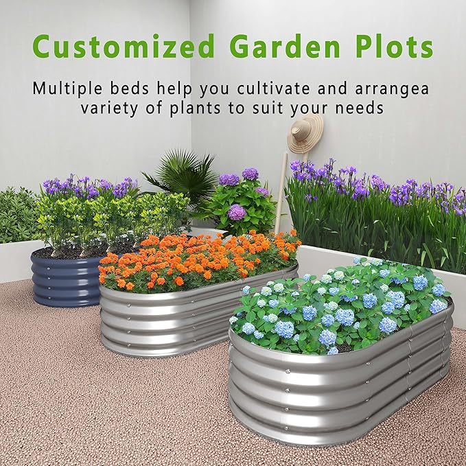 KFN 4x1.8x1FT Galvanized Raised Garden Bed,Raised Garden Bed Kit-Oval Metal Vegetable Box,Large Planter Flower Boxes Outdoor,Planting for Vegetables,Flower,Herb,Grey,0.7mm