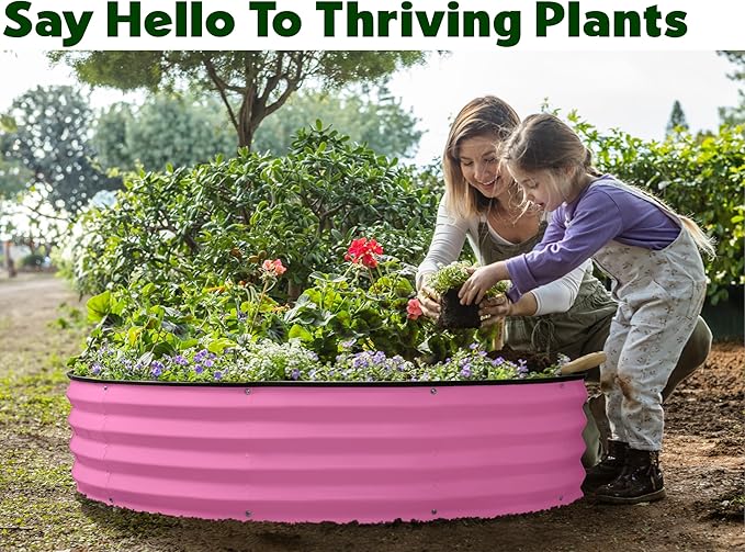 Round Galvanized Raised Garden Bed // 4×4×1 ft Galvanized Raised Garden Beds Outdoor for Gardening, Vegetables, Flowers // Patented Tool-Free Design Round Planter (Pink)