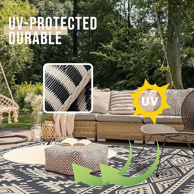 OLANLY Outdoor Rug Waterproof 4x6 ft, Reversible Outdoor Plastic Straw Rug, Boho Patio Rug, Indoor Outdoor Carpet, RV Mat Outside for Patio, Camp, Picnic, Balcony, Deck, Backyard, Black & Beige