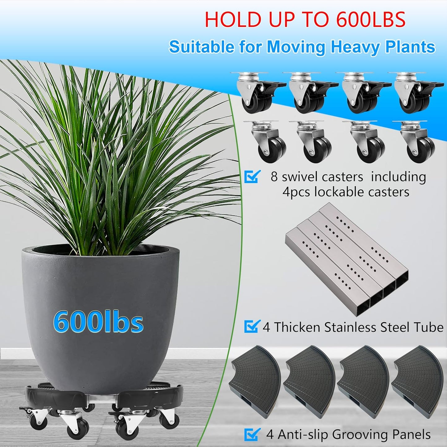 CASIMR Plant Stand with Wheels, Heavy Duty Plant Caddy with 8 Twin Casters, 2 Pack Adjustable 15-20 Inch Indoor Outdoor Large Rolling Plant Stand Planter Cart Dolly for Flowerpot, 600lbs Capacity