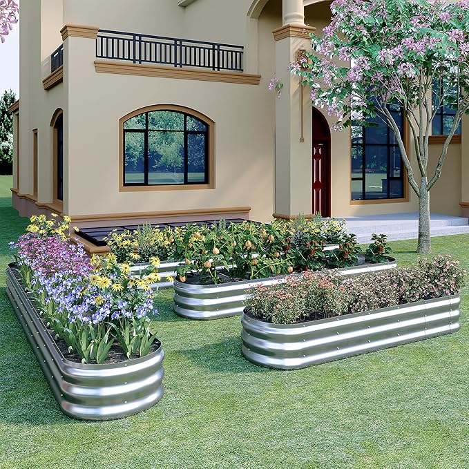 KFN 2pcs Galvanized Raised Garden Bed,Raised Garden Bed Kit-Oval Metal Flower Box,Large Planter Vegetable Box Outdoor,Planting for Vegetables,Flower,Herb,6FT,0.7mm