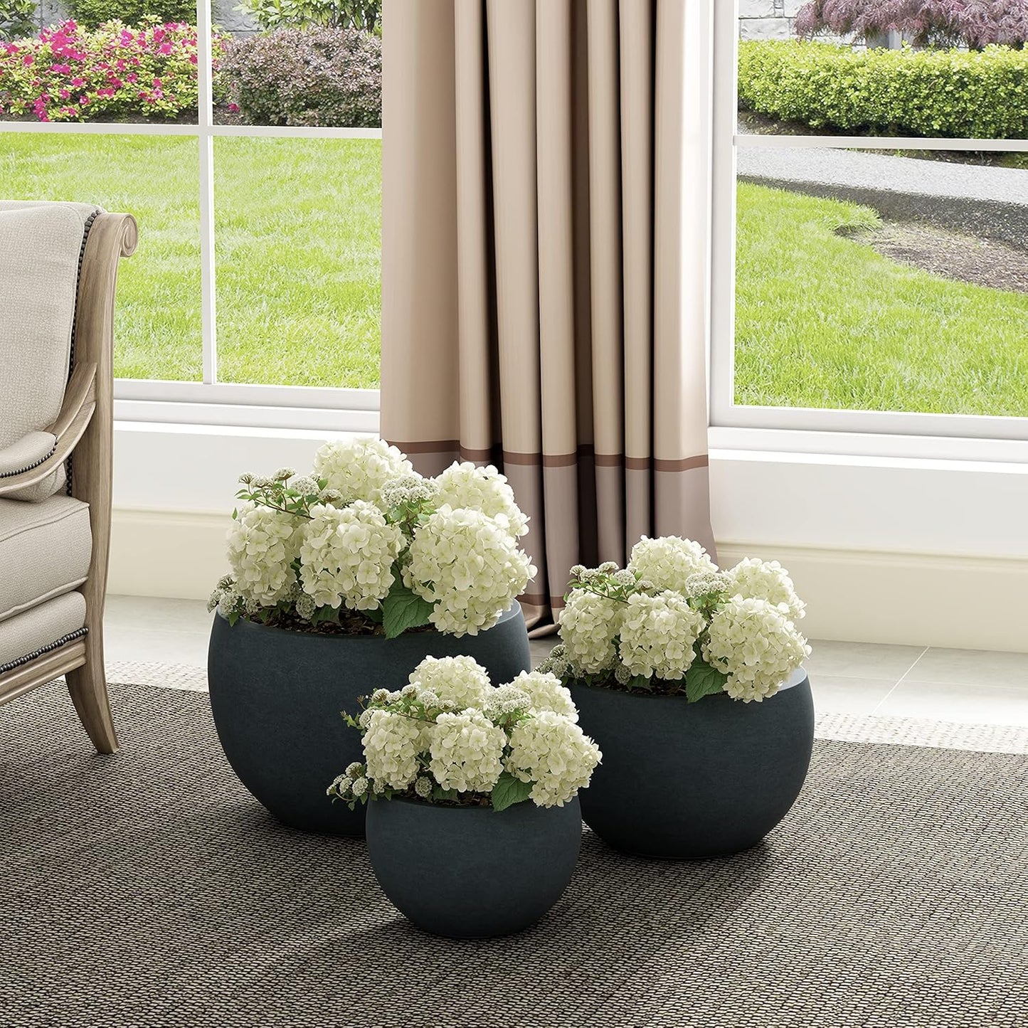 Kante 19.9",15.7",11.8" Dia Round Concrete Planter Set of 3, Outdoor/Indoor Large Bowl Plant Pots with Drainage Hole and Rubber Plug for Garden Patio Balcony Home, Dark Gray