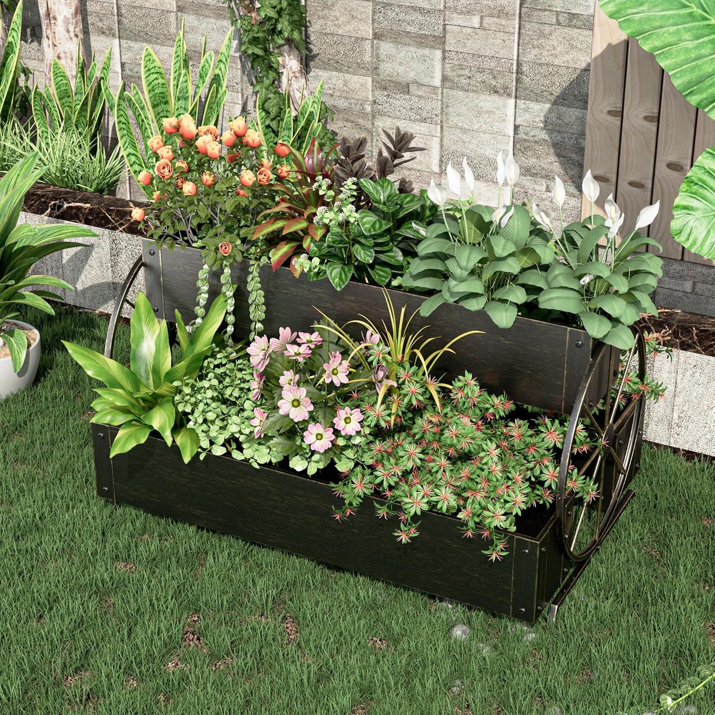 Metal Wagon Planter Box, 3-Tier Garden Planter with Wagon Wheels, Decorative Outdoor Planters for Flowers Herbs Vegetables, Flower Cart Small Raised Garden Bed for Patio, Balcony (Retro Gold)