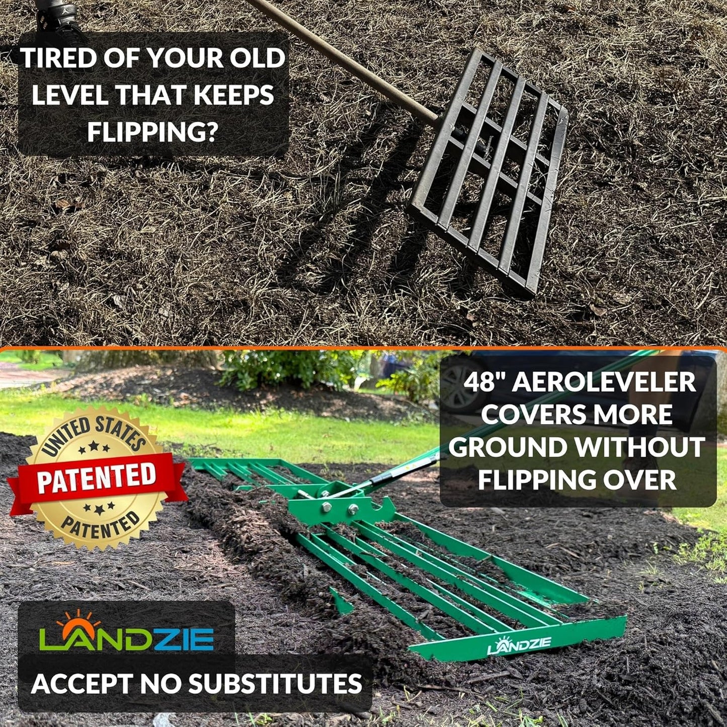 Landzie AeroLeveler - The Lawn Leveling Rake That Never Flips - Patented inch Wide Pneumatic Lawn Level for Yard, Dirt, Soil, Sand, Provides Stability and Control (Pneumatic 48" Leveling rake)