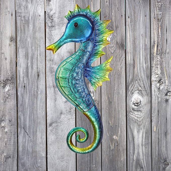 JOYBee 18inch Metal Large Seahorse Wall Art Decor,Christmas Decorations,Bathroom Ocean Glass Art Outdoor Hanging Beach Theme Decorations for Outdoor Indoor Kitchen Garden Patio,Porch or Fence