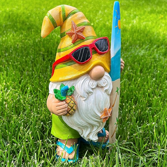 Mood Lab Garden Gnome - Surfer Gnome Figurine - 9.1 Inch Tall Funny Lawn Statue - for Outdoor & House Decor