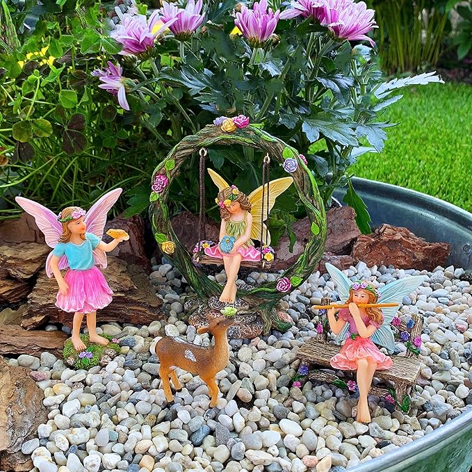 Mood Lab Fairy Garden Kit - Swing Set of 6 pcs Miniature Figurines & Accessories - Hand Painted for Outdoor or House Decor