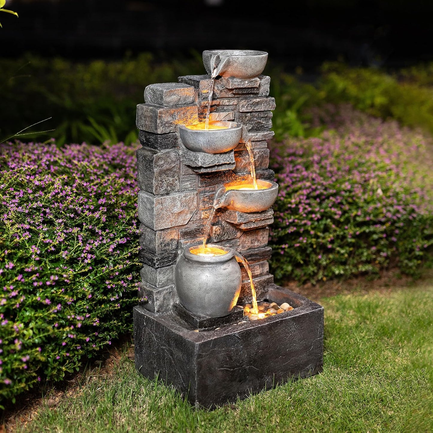 Teamson Home 28.5" Outdoor 4-Tier Stacked Stone Cascading Water Fountain with LED Lights, Gray
