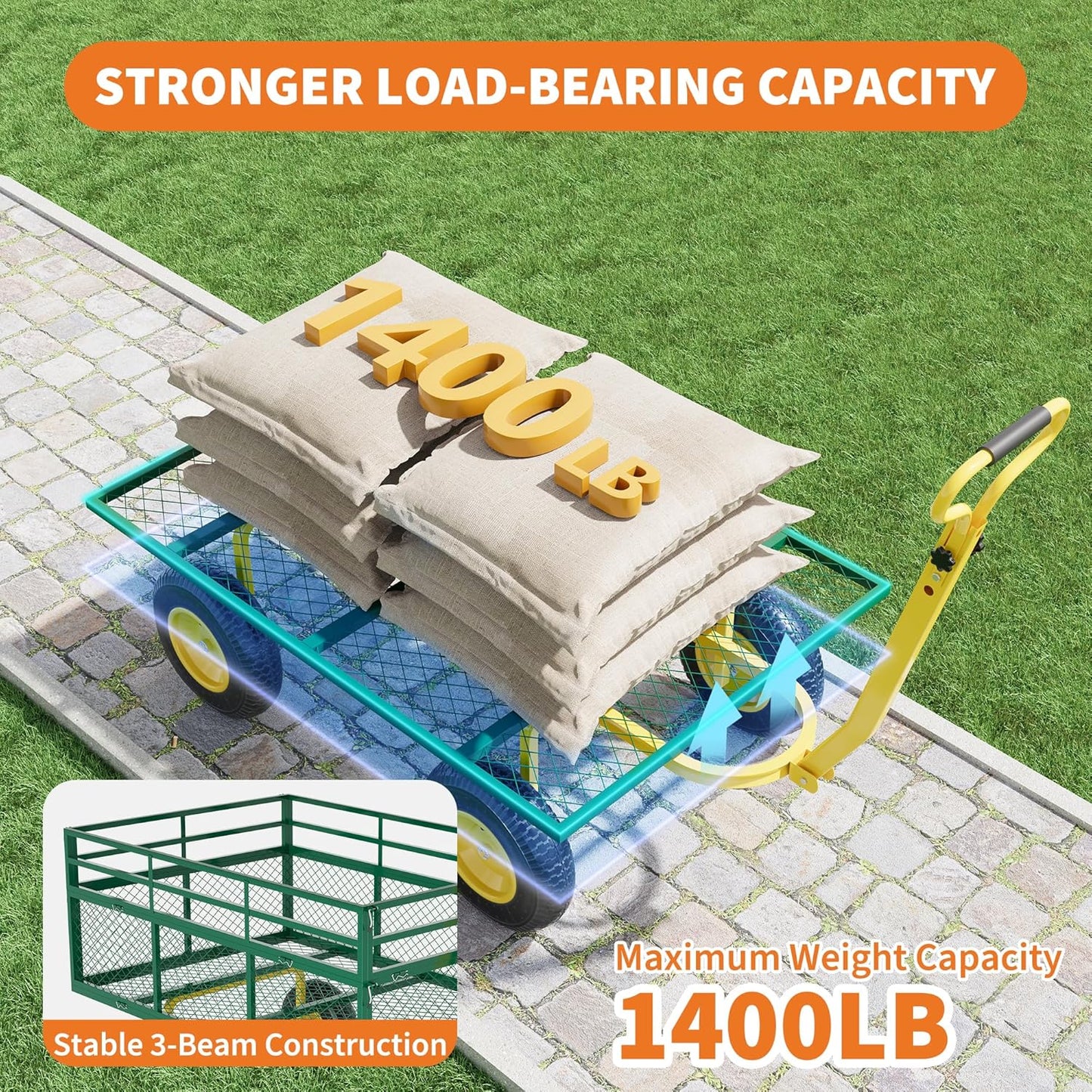 3-in-1 Heavy-Duty Steel Garden Cart, 1400 Lbs Garden Wagon, with 13 Inch All-Terrain Tires and Removable Mesh Side Panels, 180° Rotating Handle, Metal Utility Yard Trailer, Outdoor Gardens Wagon Cart