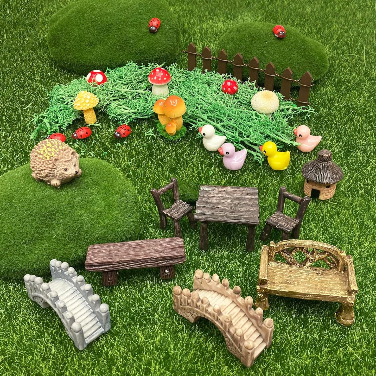56 Pcs Fairy Garden Accessories, Mini Resin Animals Figures, Miniature Table and Chairs, Moss Bonsai Micro Landscape Ornaments Kit, Miniature Garden Kit, Terrarium Ornaments DIY Craft