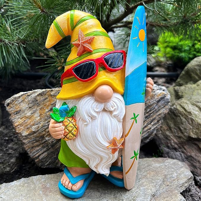 Mood Lab Garden Gnome - Surfer Gnome Figurine - 9.1 Inch Tall Funny Lawn Statue - for Outdoor & House Decor